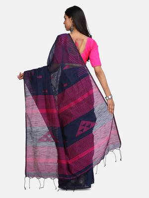 navy Blue Triangle Design Hand Weaven Cotton Silk Handloom Saree With Blouse 5