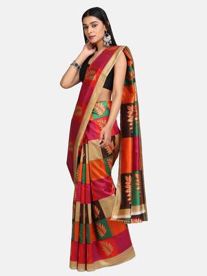 Orange Printed Art Silk Saree With Blouse 3