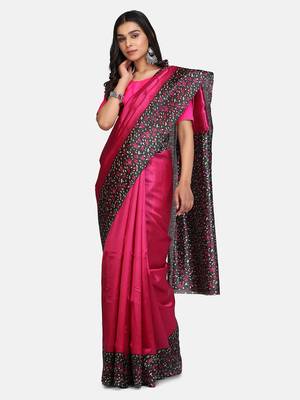 Pink printed art silk saree with blouse 1