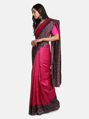 Pink printed art silk saree with blouse 3