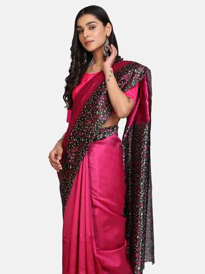 Pink printed art silk saree with blouse 4