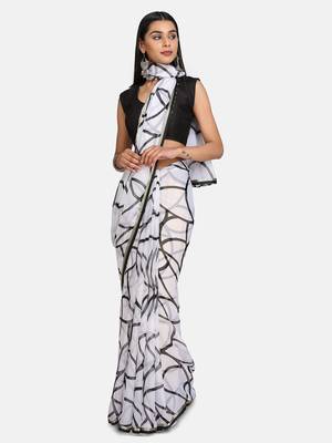 White Printed Chiffon Saree With Blouse 3