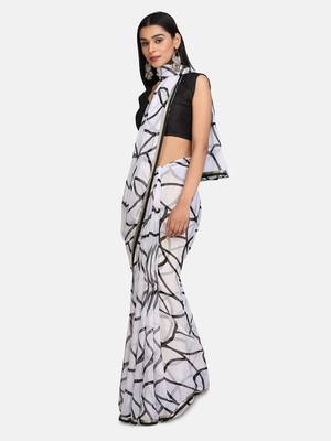 White Printed Chiffon Saree With Blouse 1