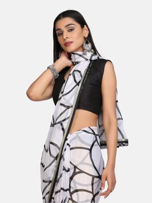 White Printed Chiffon Saree With Blouse 4