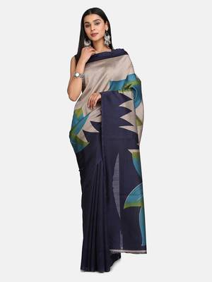 Navy blue printed poly silk saree with blouse 3