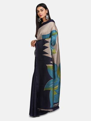 Navy blue printed poly silk saree with blouse 4