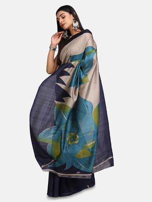 Navy blue printed poly silk saree with blouse 1