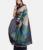 Navy blue printed poly silk saree with blouse