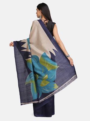 Navy blue printed poly silk saree with blouse 5