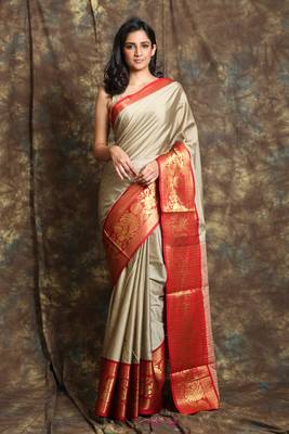 Dark beige woven silk blend saree with blouse 1