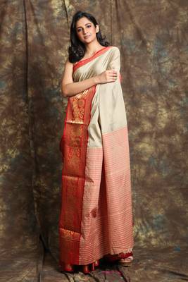 Dark beige woven silk blend saree with blouse 2
