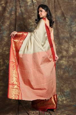 Dark beige woven silk blend saree with blouse 3