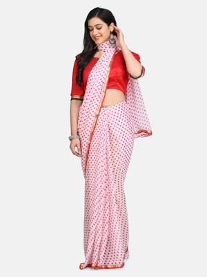 White printed chiffon saree with blouse 1