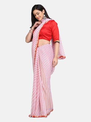 White printed chiffon saree with blouse 3