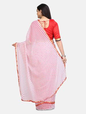 White printed chiffon saree with blouse 4