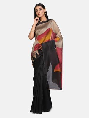 Black Printed Poly Silk Saree With Blouse 1