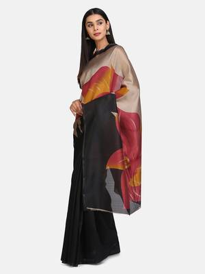 Black Printed Poly Silk Saree With Blouse 3
