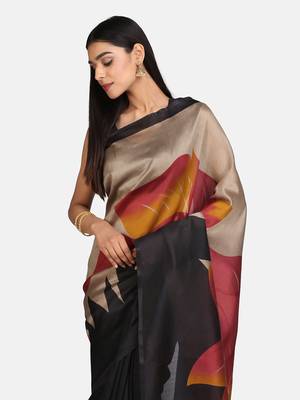 Black Printed Poly Silk Saree With Blouse 4