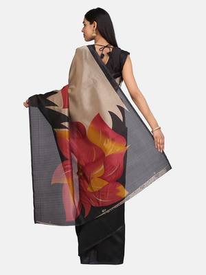 Black Printed Poly Silk Saree With Blouse 5