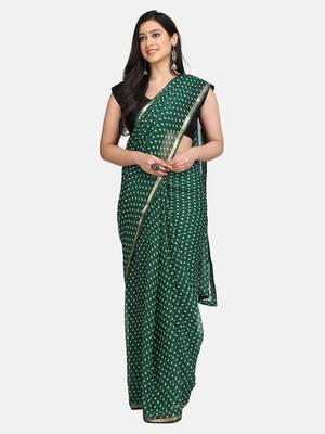 Green printed chiffon saree with blouse 1
