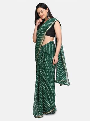 Green printed chiffon saree with blouse 3