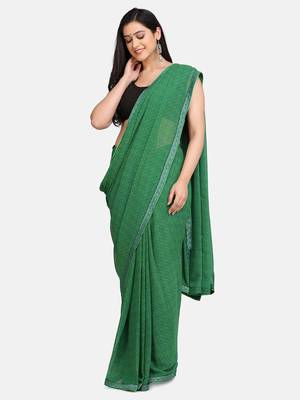 Dark Green Printed Chiffon Saree With Blouse 1