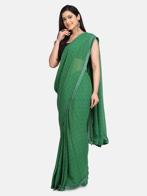 Dark Green Printed Chiffon Saree With Blouse 3