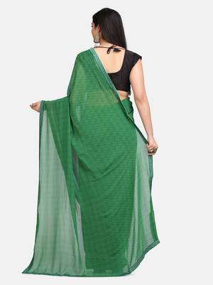 Dark Green Printed Chiffon Saree With Blouse 4