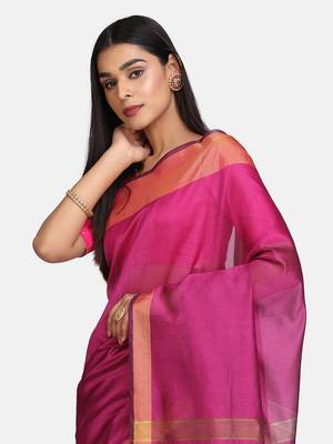 Purple Woven Chanderi Saree With Blouse 4