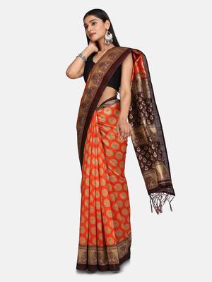 Red Printed Poly Silk Saree With Blouse 3