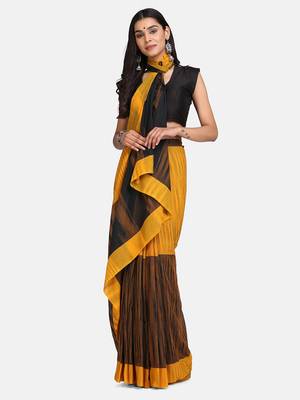 Mustard Hand Weaven Khadi Cotton  daily Wear Handloom Saree With Blouse 1