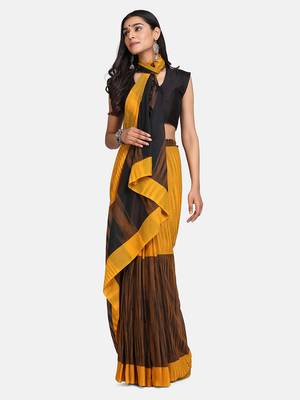 Mustard Hand Weaven Khadi Cotton  daily Wear Handloom Saree With Blouse 3
