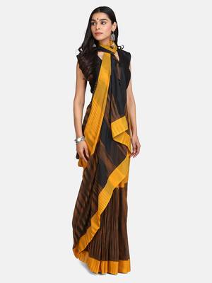Mustard Hand Weaven Khadi Cotton  daily Wear Handloom Saree With Blouse 4