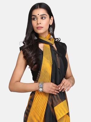 Mustard Hand Weaven Khadi Cotton  daily Wear Handloom Saree With Blouse 5