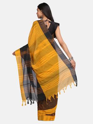 Mustard Hand Weaven Khadi Cotton  daily Wear Handloom Saree With Blouse 6