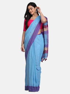 Aqua Blue Buti Work Khadi Cotton Handloom Saree With blouse 1