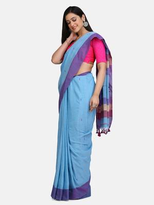 Aqua Blue Buti Work Khadi Cotton Handloom Saree With blouse 3