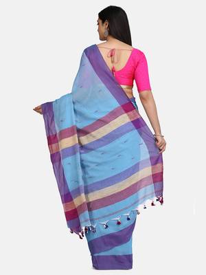 Aqua Blue Buti Work Khadi Cotton Handloom Saree With blouse 4