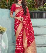 Red woven banarasi silk saree with blouse