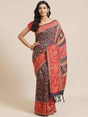 Navy blue woven pure viscose saree with blouse 1