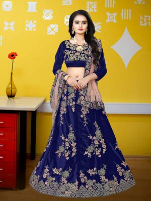 Navy Blue Colored Designer Partywear Embroidered Work Velvet Material Cancan  Lehenga Choli 1