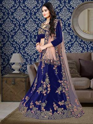 Navy Blue Colored Designer Partywear Embroidered Work Velvet Material Cancan  Lehenga Choli 2