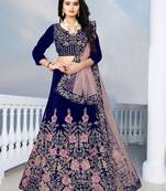 Blue Colored Designer Partywear Embroidered Work Velvet Material Cancan  Lehenga Choli