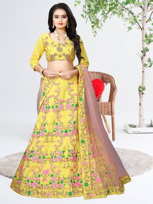 Glorious Yellow Colored With Embroidery Work Malay satin  Cancan lehenga choli 1