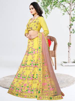 Glorious Yellow Colored With Embroidery Work Malay satin  Cancan lehenga choli 2