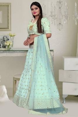 Unique Olive Green Colored Embroidery Work Party Wear Designer Raw Silk  Cancan Lehenga Choli 1