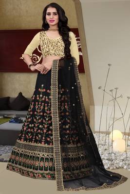 Black Colored Designer Partywear Embroidered Work Malay satin Material  Cancan Lehenga Choli 1
