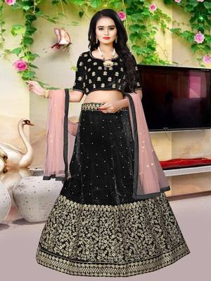Black Colored Designer Partywear Embroidered Work Velvet Material  Cancan Lehenga Choli 1