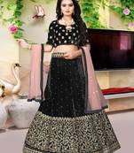 Black Colored Designer Partywear Embroidered Work Velvet Material  Cancan Lehenga Choli