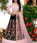 Peach And Blue Colored Dupatta Partywear Designer Embroidered  Cancan Lehenga Choli